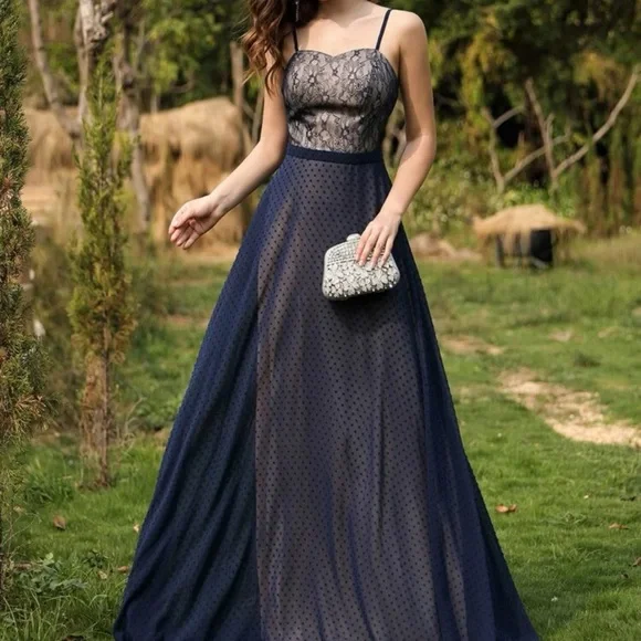contrast lace flowy dress Contrast Lace Waist Panel Maxi Dress(MS409), Blue dress / XL
